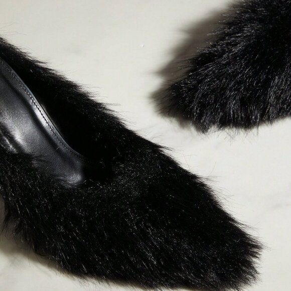 Black Trendy Sexy Stilettos Pointy Toe Faux Fur High Heel Pumps - Picture 6 of 6